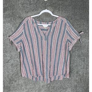 CJ Banks Top Womens Size 2X Red Blue Linen Rayon Striped Tie Cuffs V-Neck‎